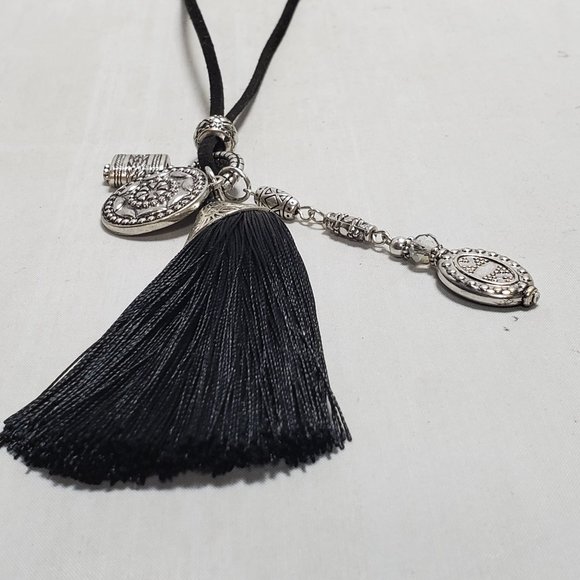 Ruff Hewn rope cord necklace with silver charms and black tassel - Picture 2 of 7
